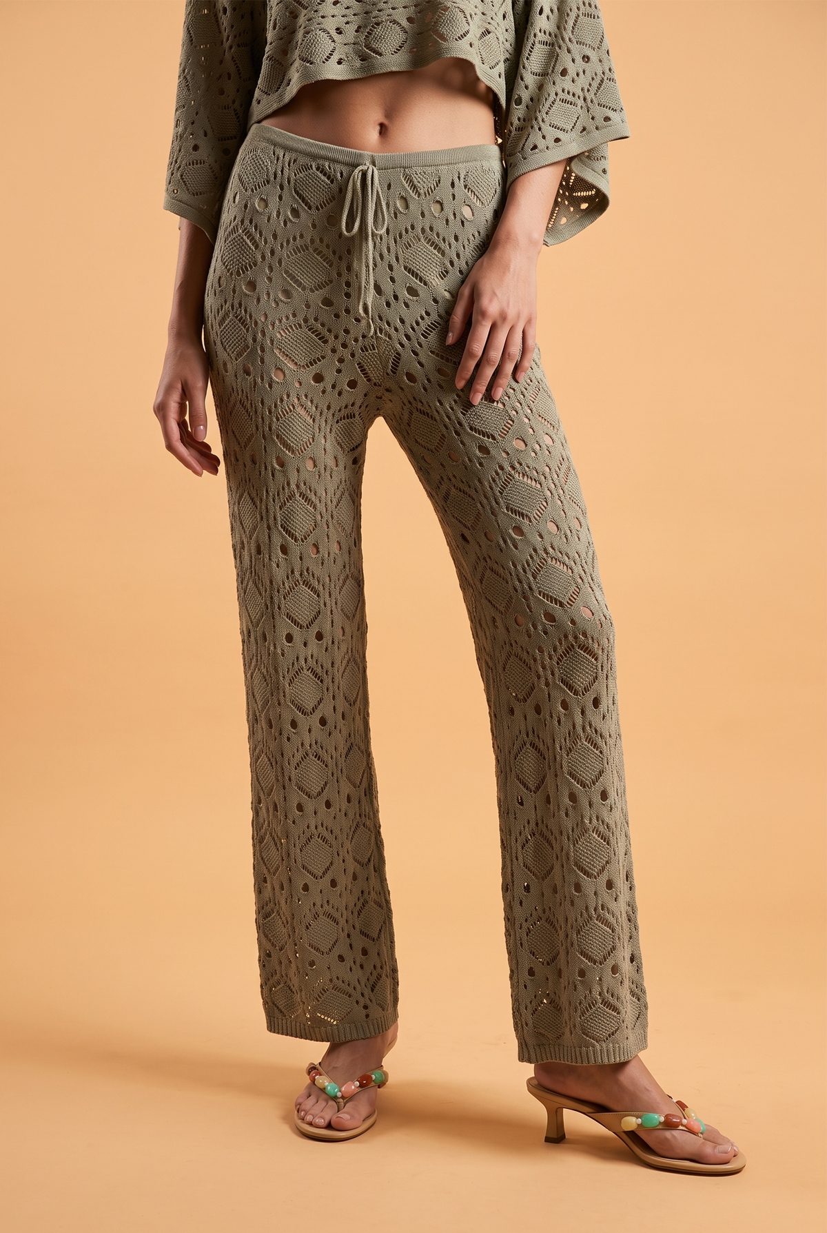 Open-Knit Straight-Leg Trousers with Tie Waist