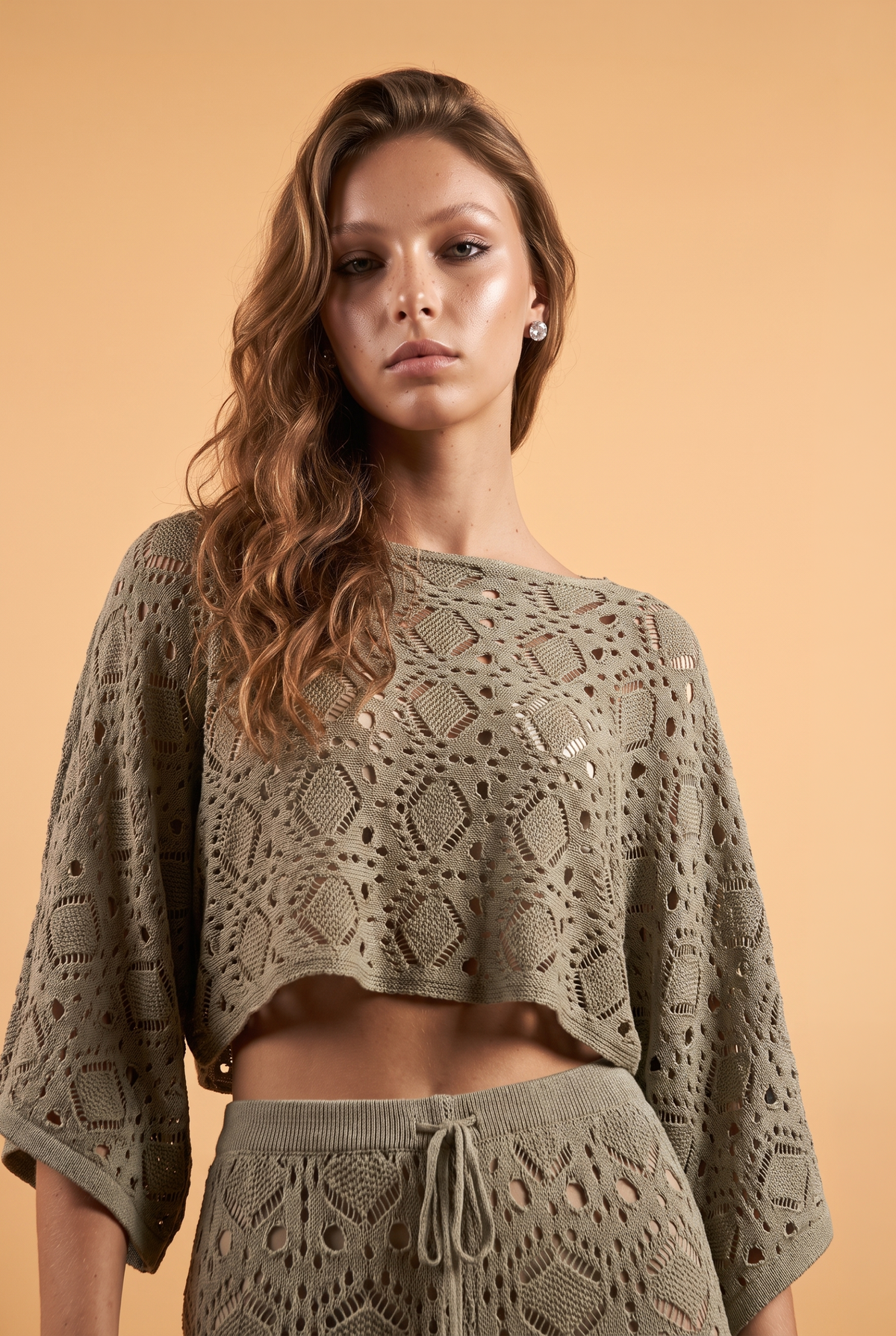 Open-Knit Cropped Top with Batwing Sleeves