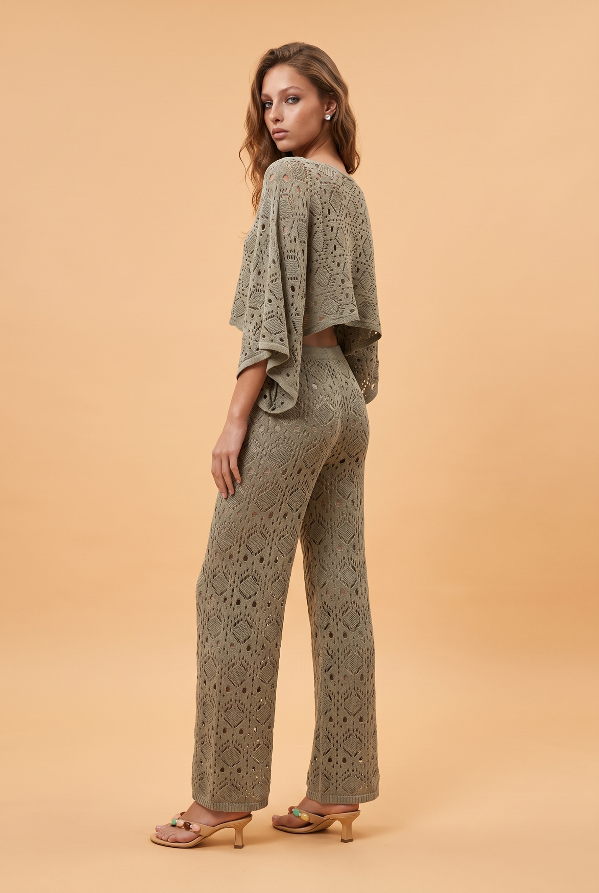 Open-Knit Cropped Top with Batwing Sleeves