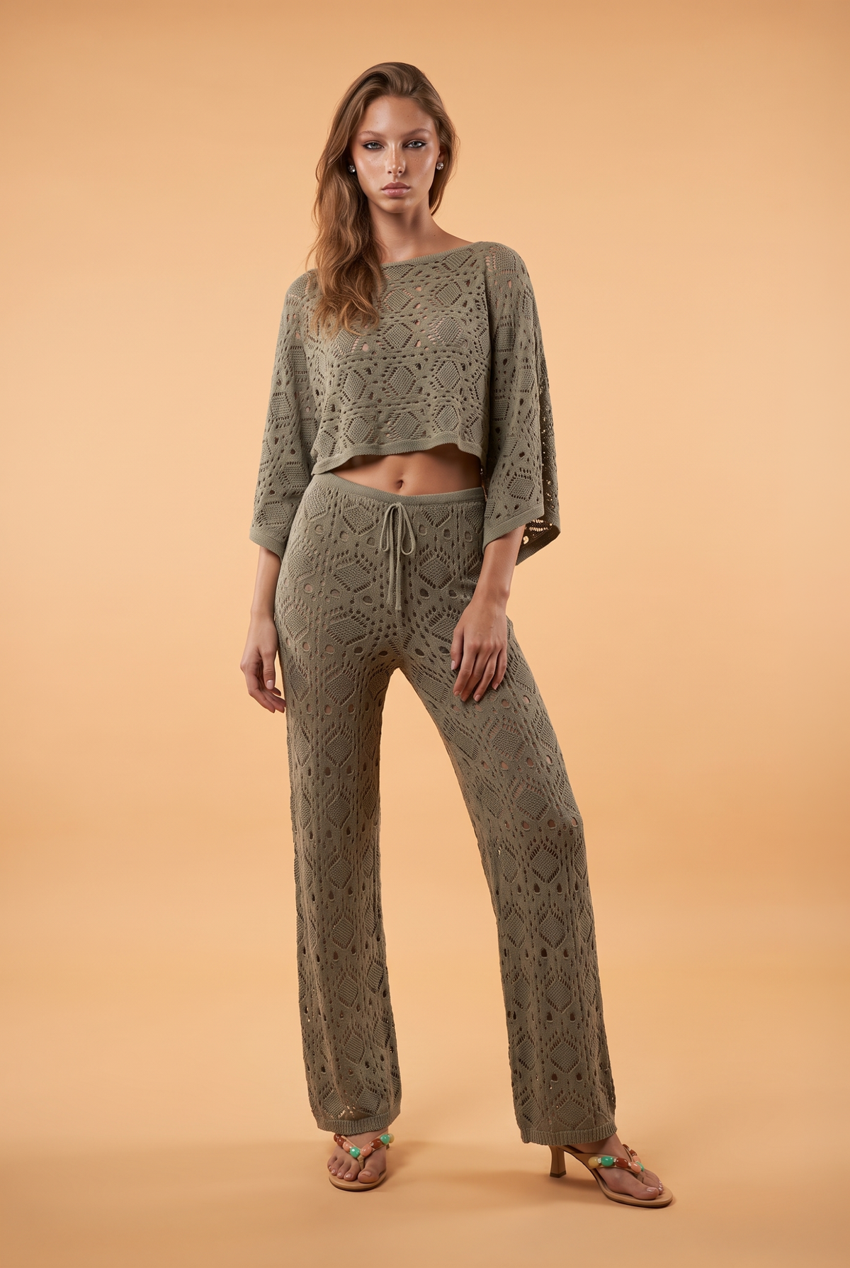 Open-Knit Cropped Top with Batwing Sleeves