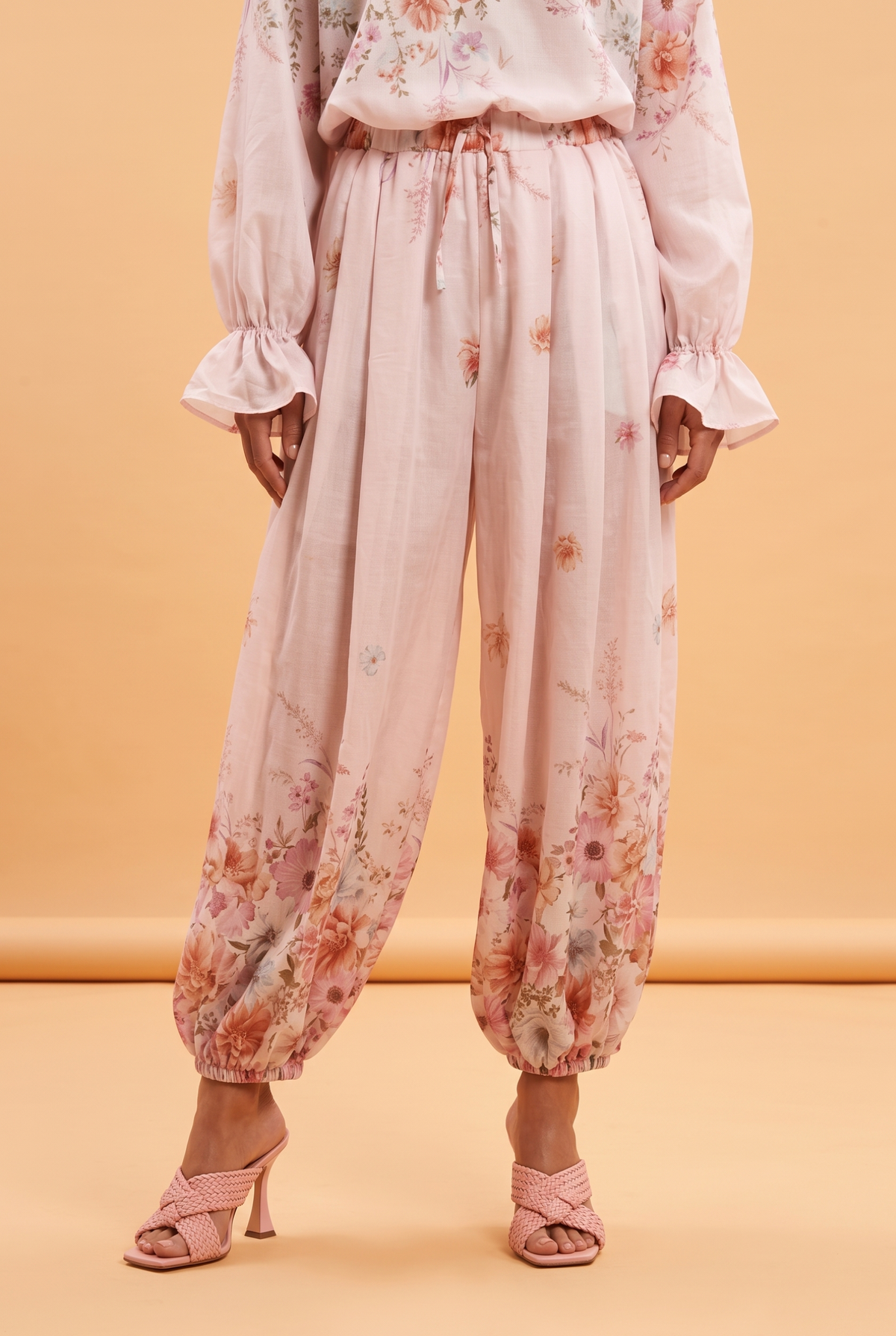Fluid Wide-Leg Floral Trousers with Tie Detail