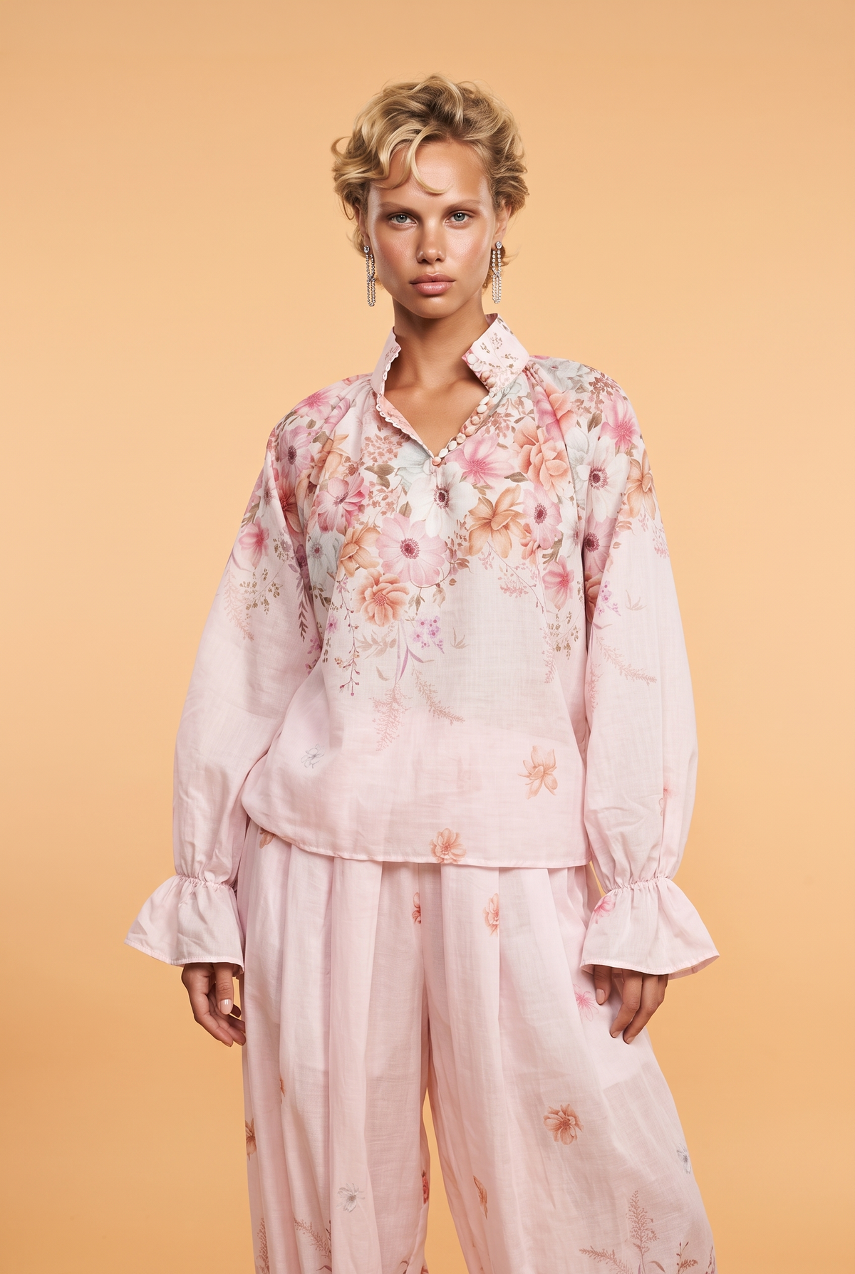 Long-Sleeve Floral Shirt with Button Detail