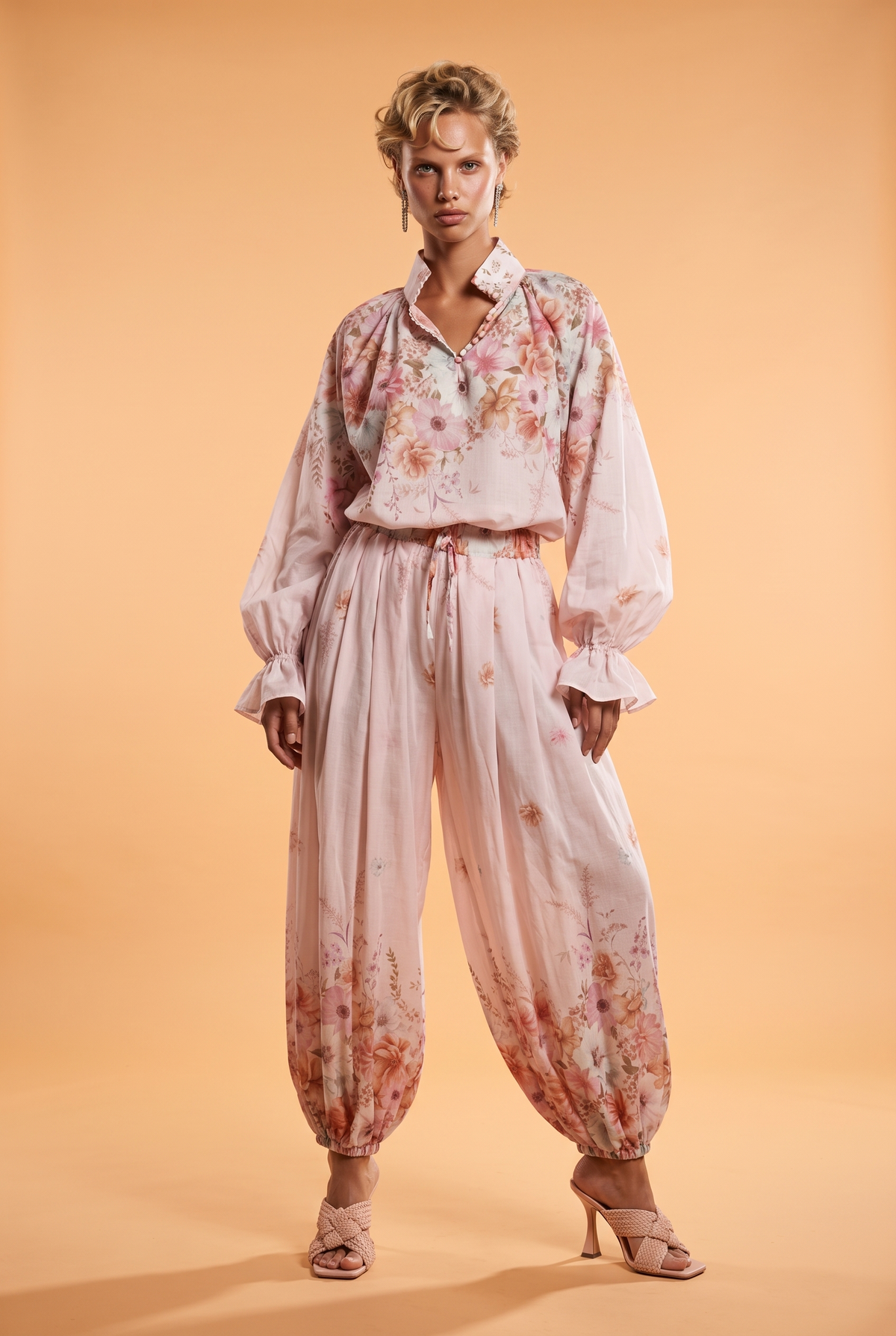 Fluid Wide-Leg Floral Trousers with Tie Detail