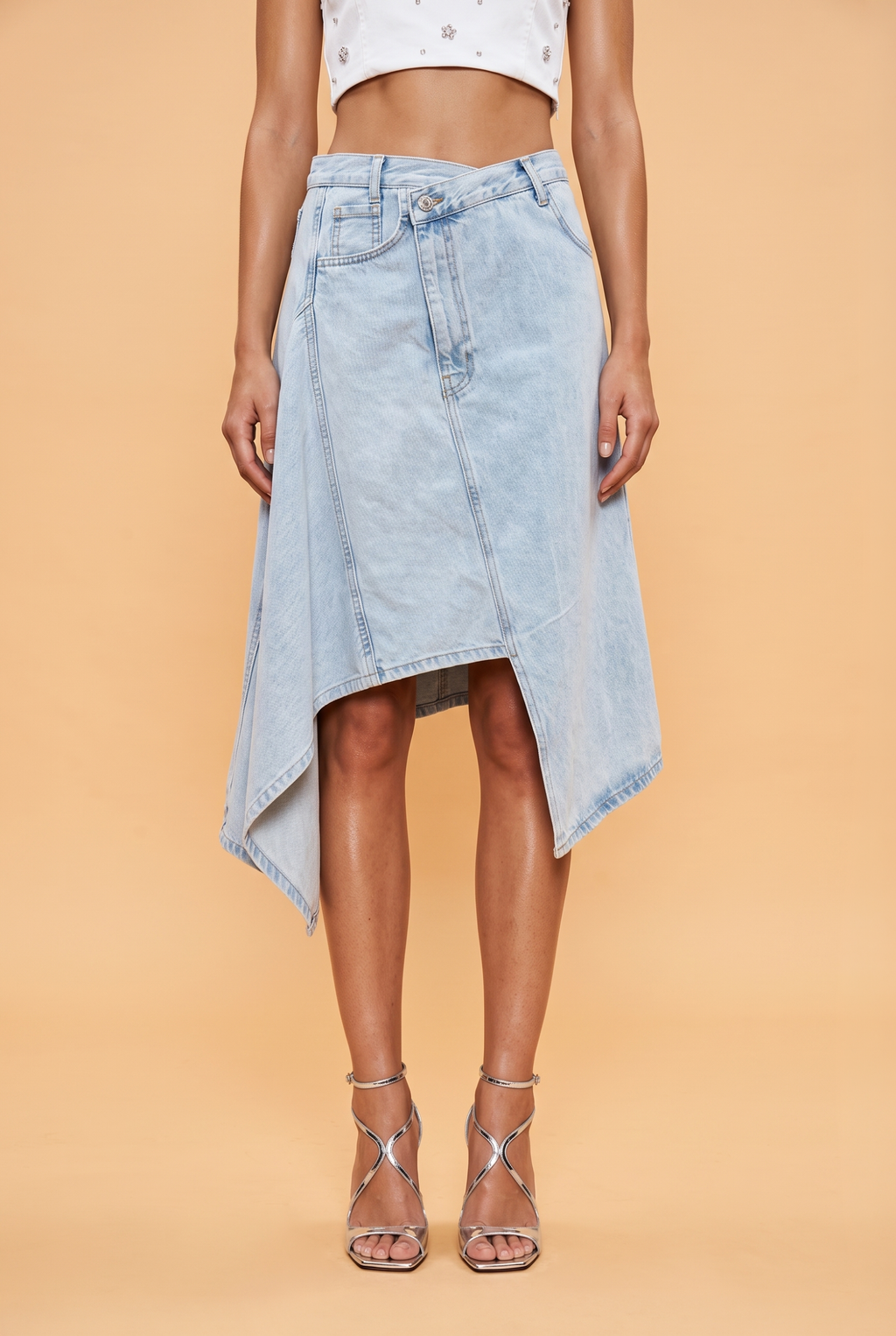 Asymmetric Contrast-Stitched Denim Midi Skirt