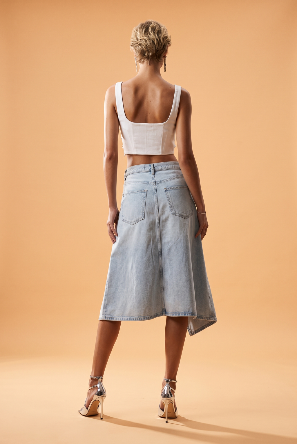 Asymmetric Contrast-Stitched Denim Midi Skirt