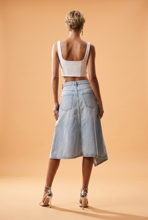 Asymmetric Contrast-Stitched Denim Midi Skirt