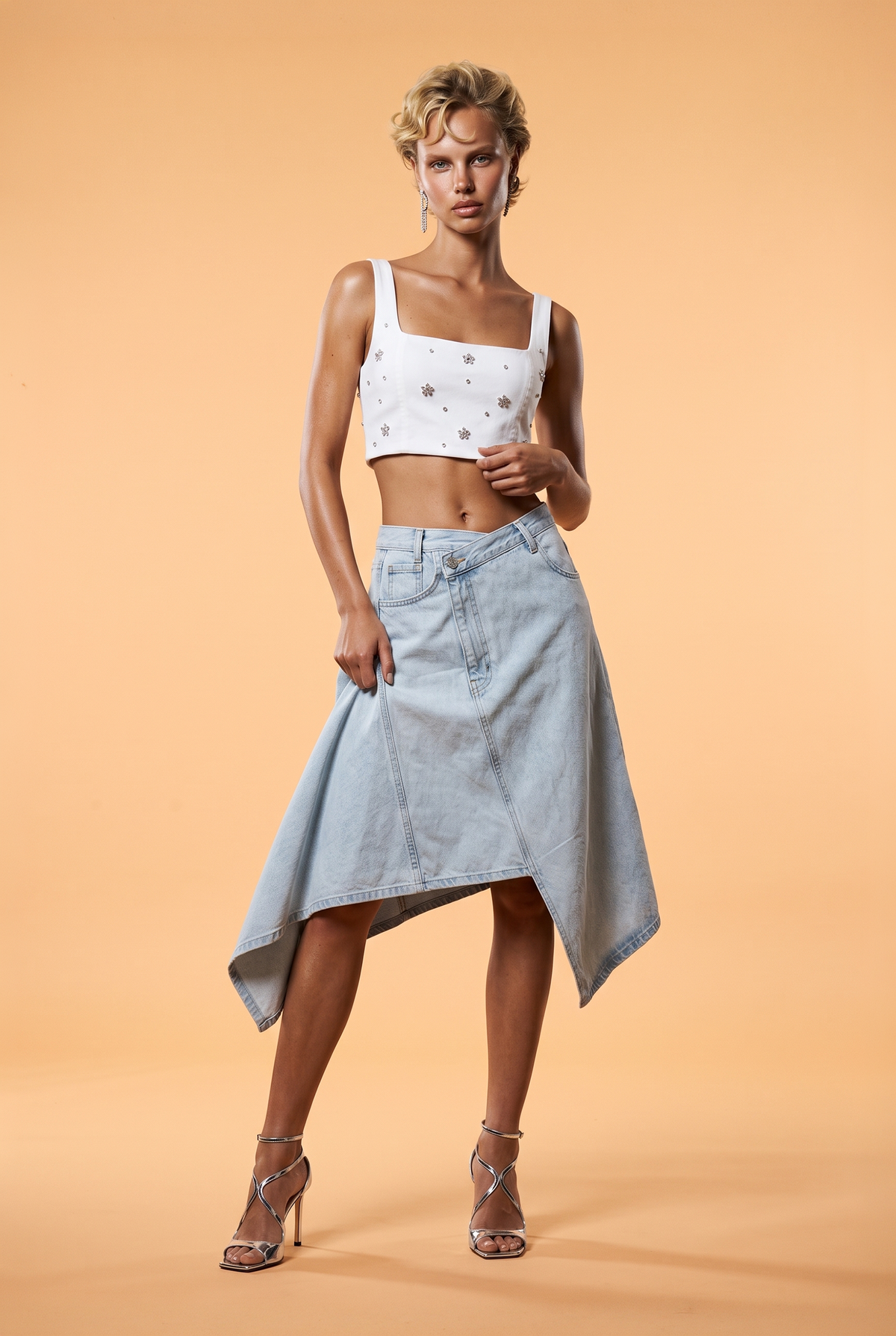 Asymmetric Contrast-Stitched Denim Midi Skirt