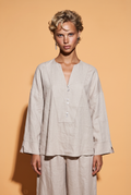 Linen V-Neck Tunic Blouse with Button Detail