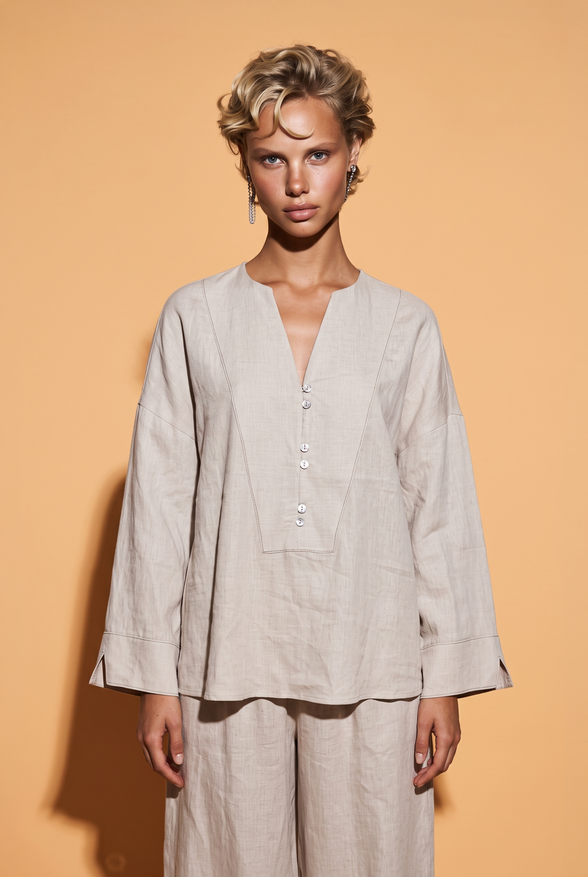 Linen V-Neck Tunic Blouse with Button Detail