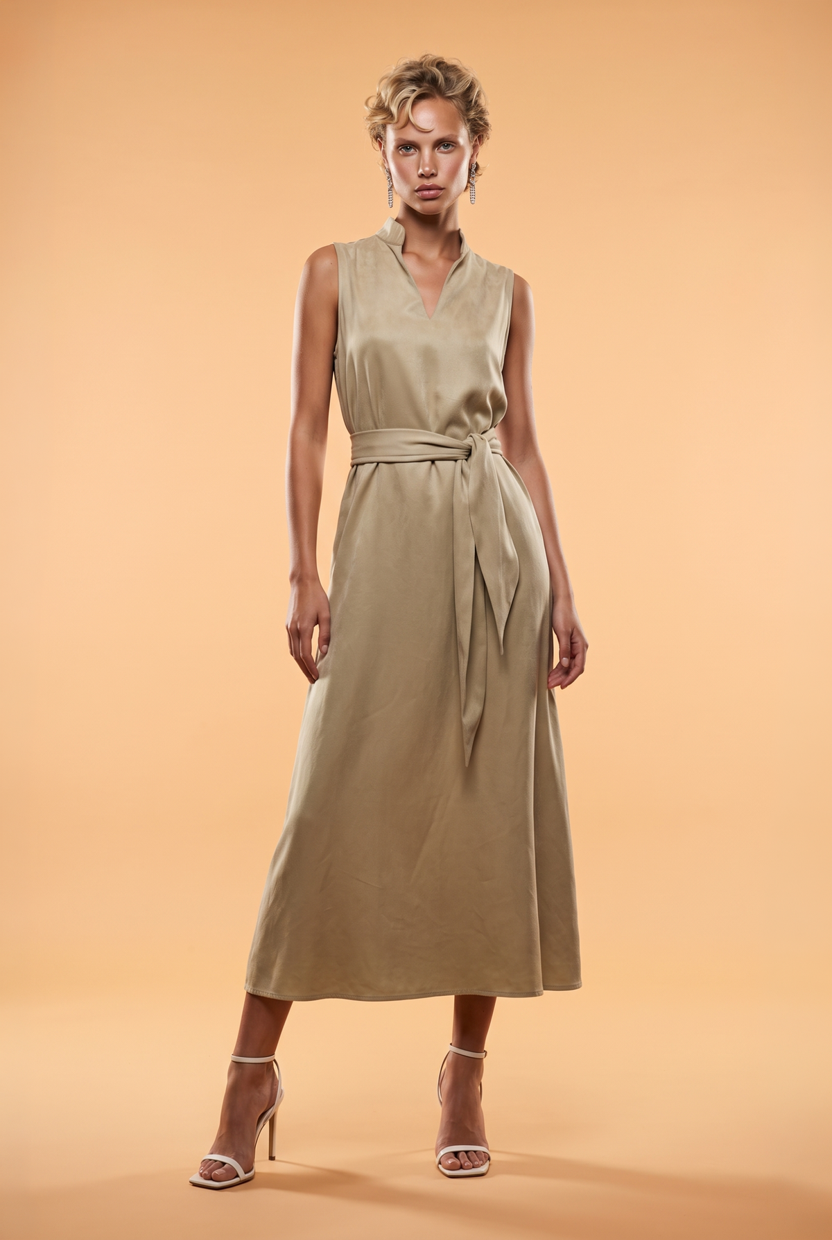 Sleeveless Belted Linen-Blend Maxi Dress