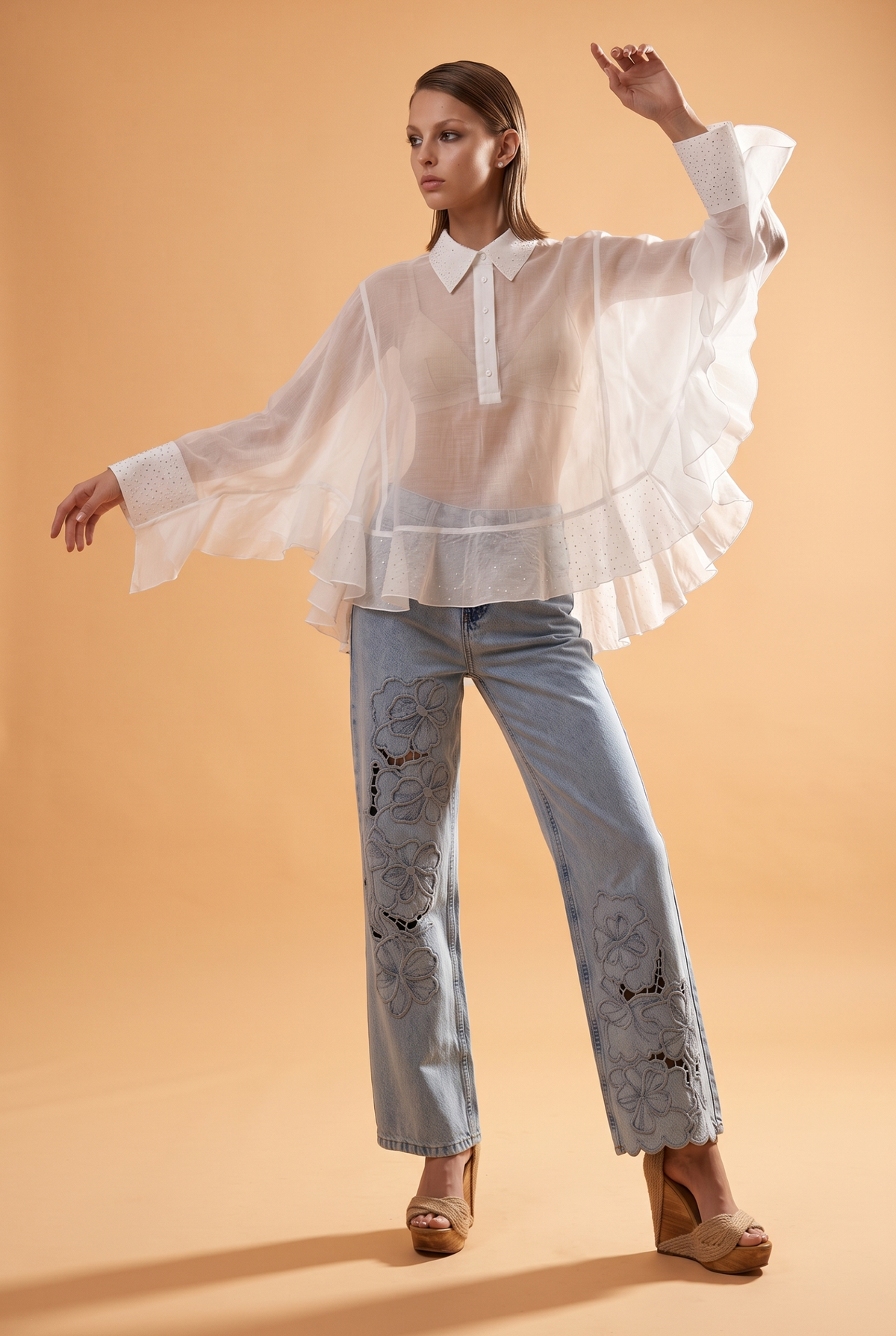 Ruffled Sheer Blouse with Rhinestone Embellishments
