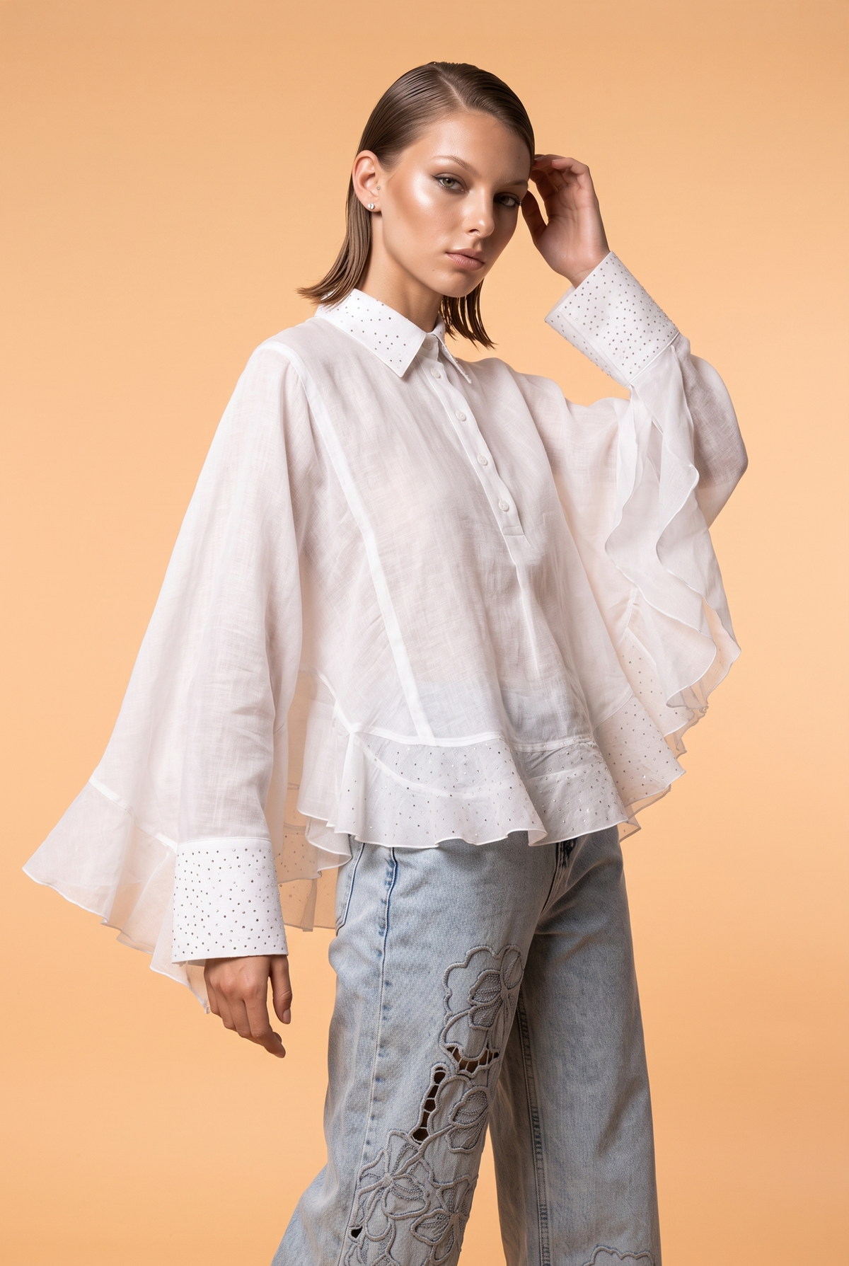 Ruffled Sheer Blouse with Rhinestone Embellishments