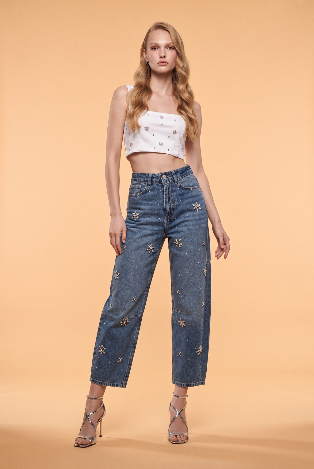 Floral Crystal-Embellished Cotton Bustier Top