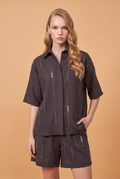 Rhinestone-Embellished Short-Sleeve Cotton Shirt