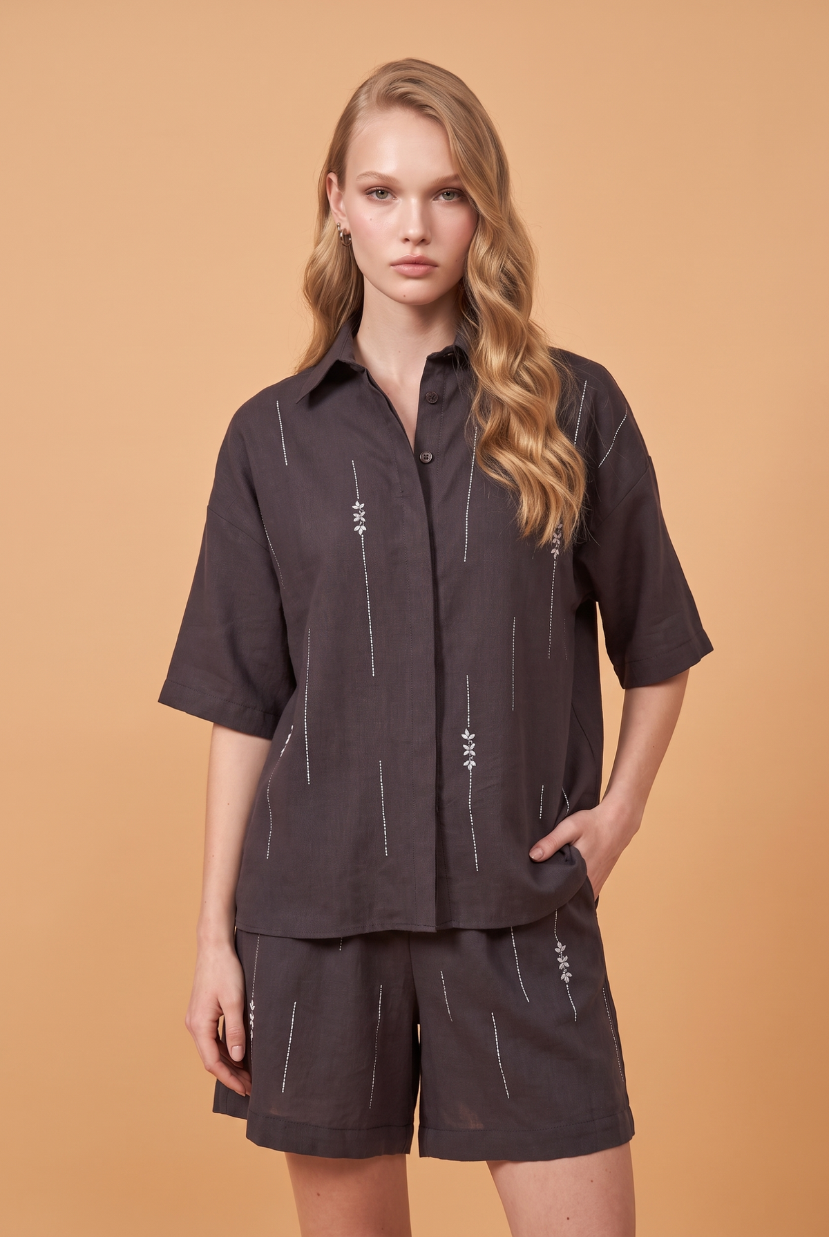 Rhinestone-Embellished Short-Sleeve Cotton Shirt