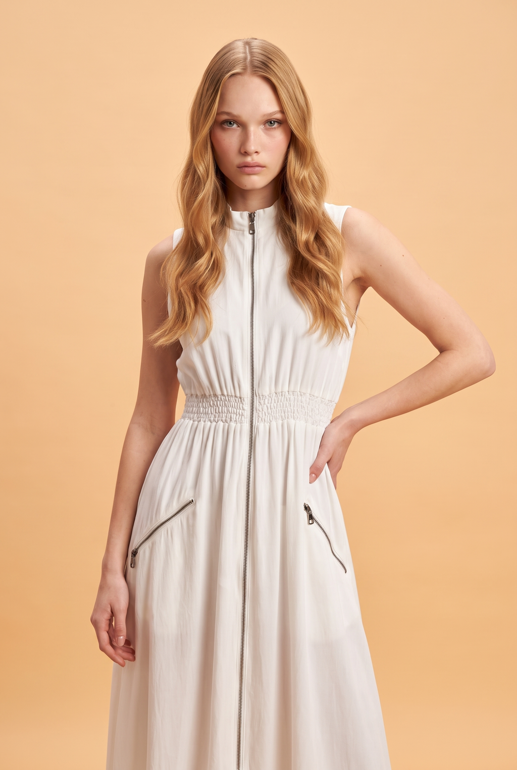 Front-Zip Sleeveless Cotton Maxi Dress