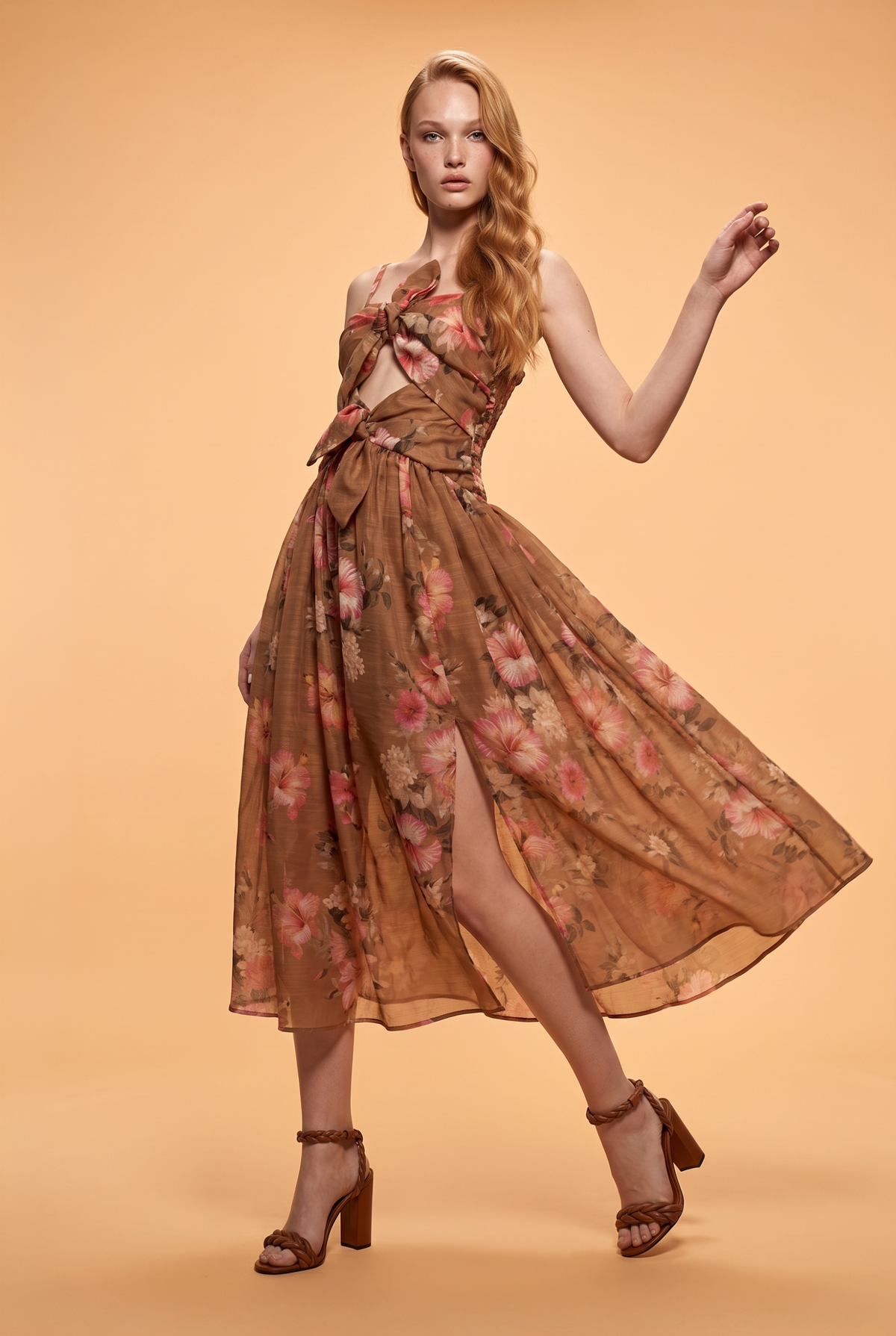 Floral Tie-Front Cutout Maxi Dress