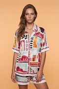 Abstract Printed Short-Sleeve Satin Shirt