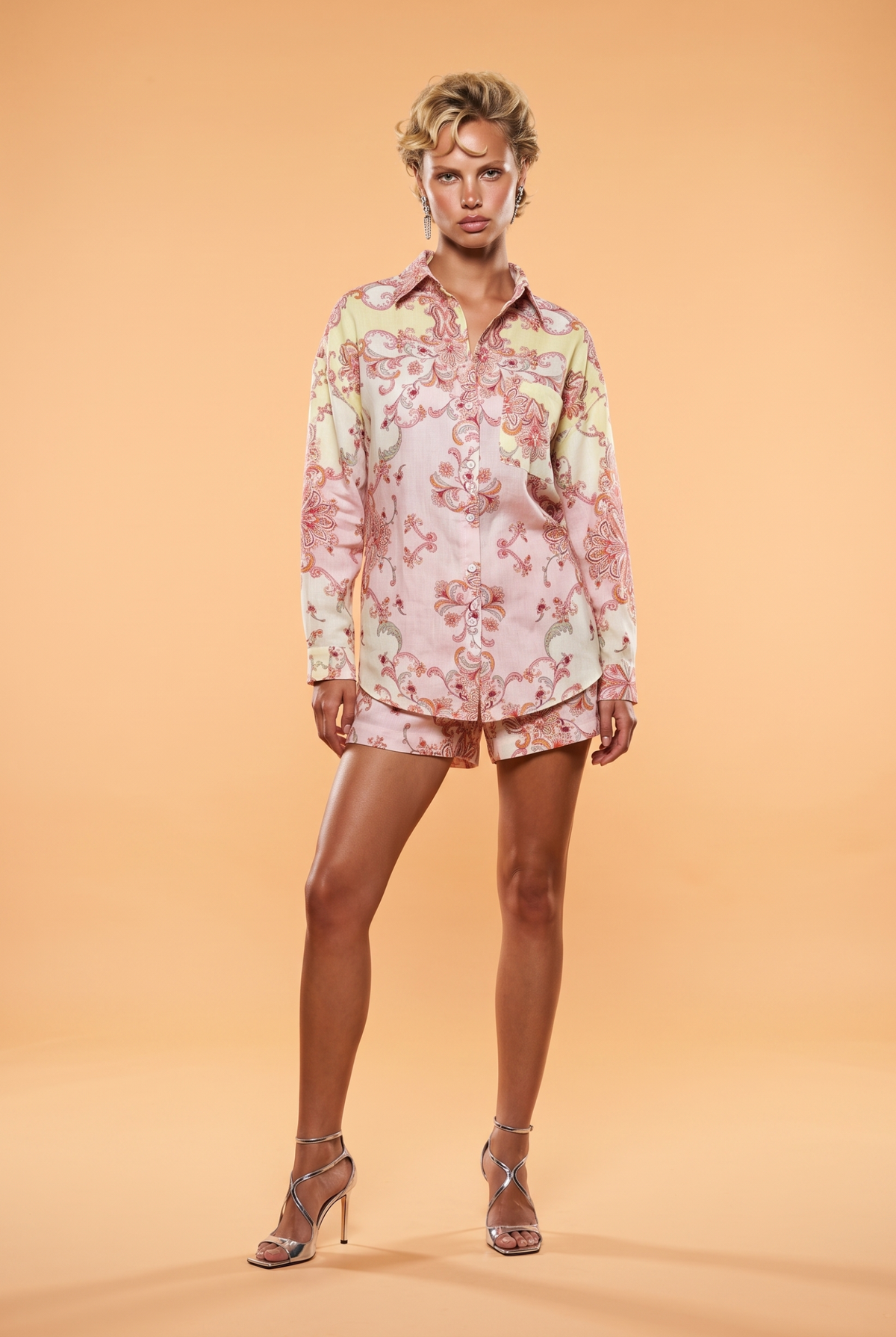 Paisley Printed High-Waisted Mini Shorts with Gold Chain Accent