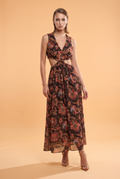 Paisley Printed Gold-Trimmed Cutout Maxi Dress