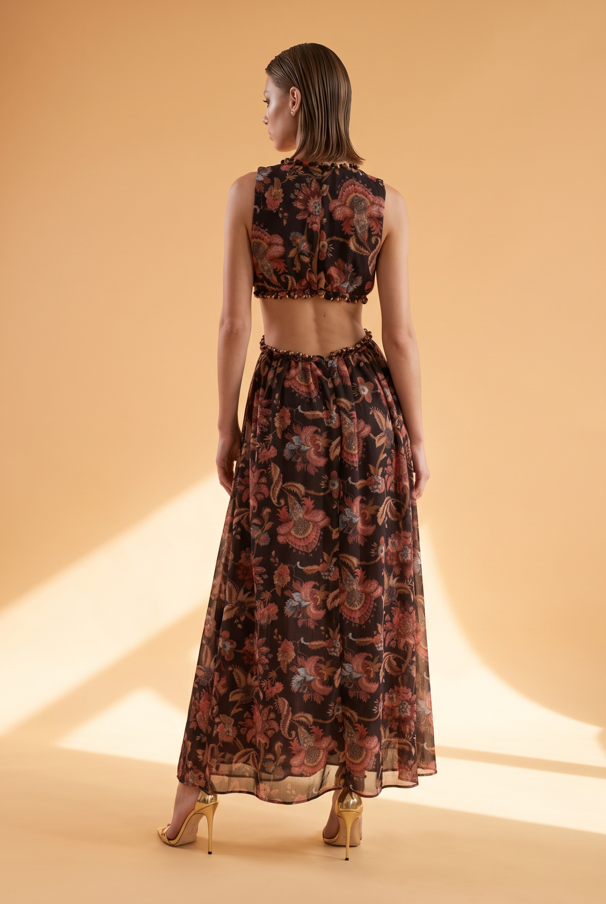 Paisley Printed Gold-Trimmed Cutout Maxi Dress