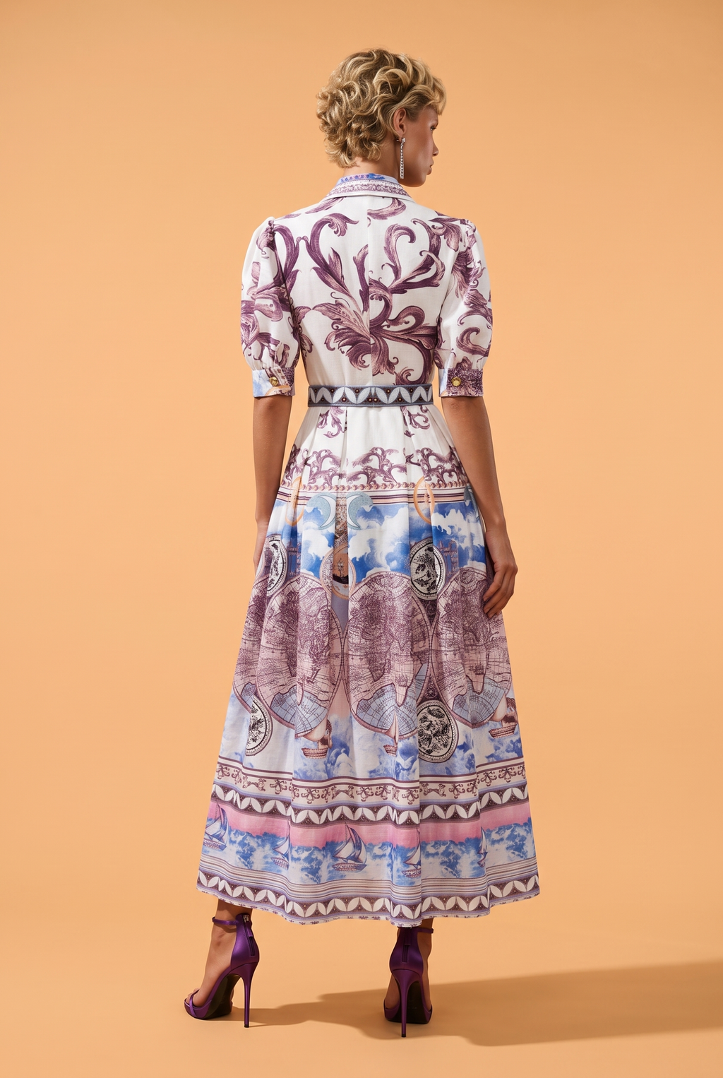 Celestial Printed Belted Midi Shirt Dress