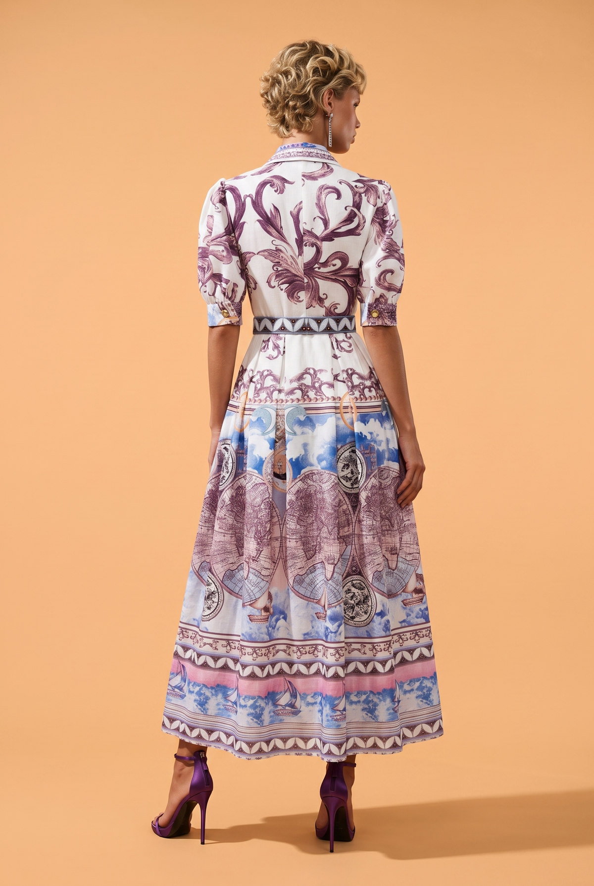 Celestial Printed Belted Midi Shirt Dress